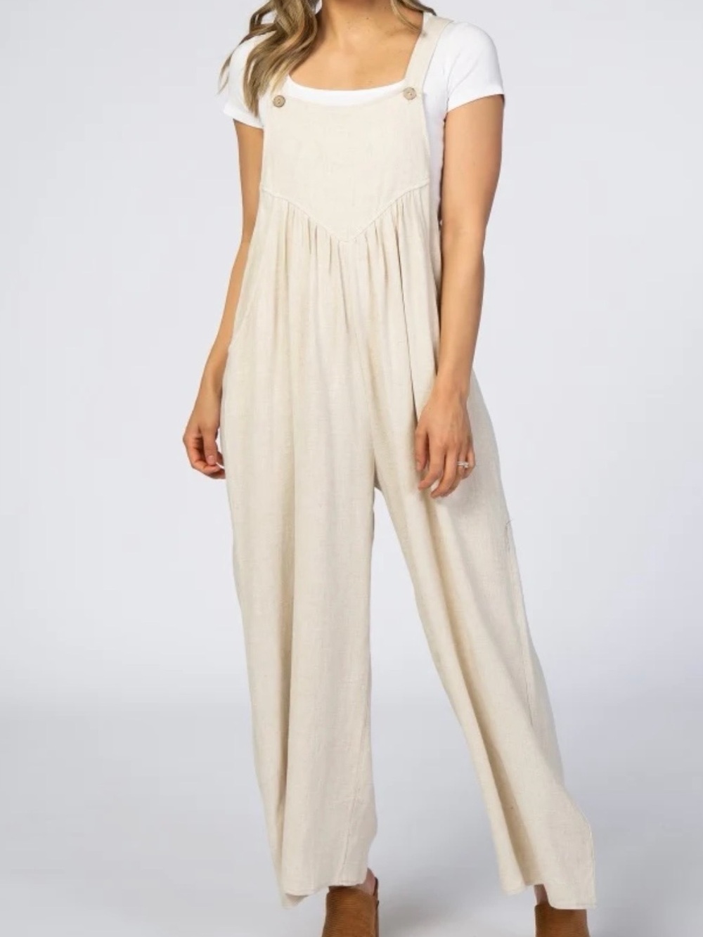 NWOT Pinkblush Wide-Leg Linen Jumpsuit with Button Straps (maternity)